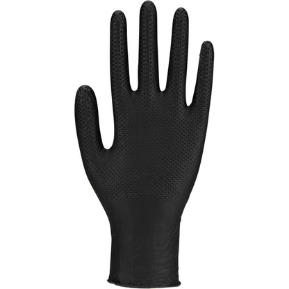 A single Thor Power Grip, Black disposable glove from Abena Re-Seller GmbH is presented upright with outstretched fingers and forward-facing palm against a white background to highlight its textured black design for strength training.
