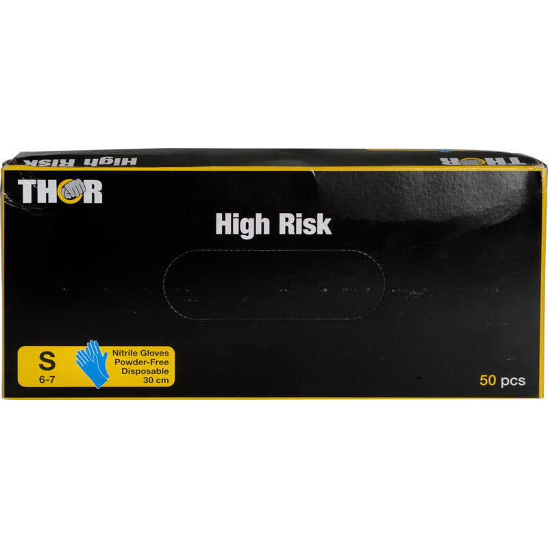 A black box labeled "THOR High Risk" from Abena Re-Seller GmbH contains 50 small (6-7), blue, powder-free Thor High Risk Nitrile Gloves, 30 cm long, for chemical protection. The label "High Risk" is displayed in white lettering.