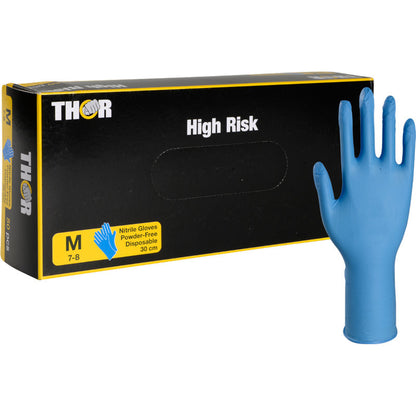 A medium-sized box labeled "Thor High Risk Nitrile Gloves, Blue, 30 cm" from Abena Re-Seller GmbH stands upright. The powder-free gloves are disposable and offer chemical protection.