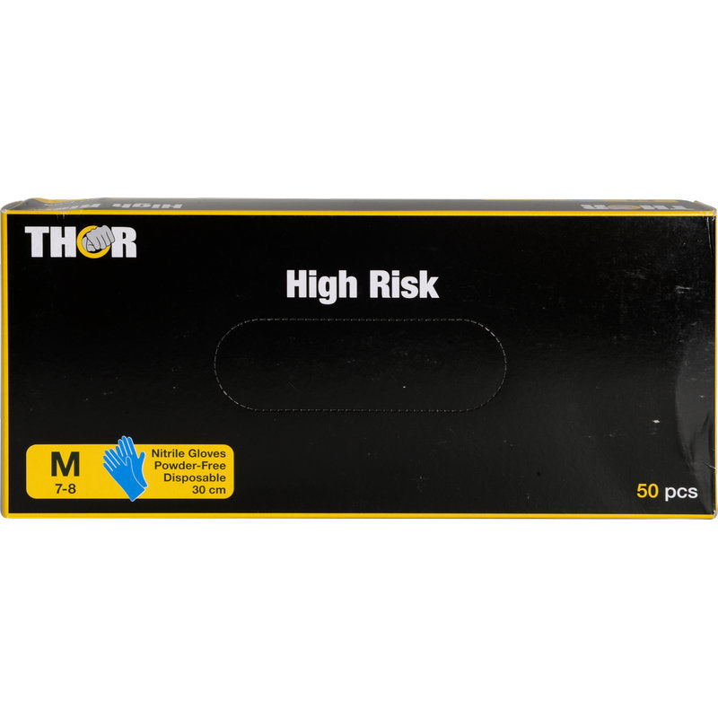 A predominantly black box with yellow and blue accents contains 50 blue, powder-free Thor High Risk Nitrile Gloves for single use (30 cm, Size M/7-8) from Abena Re-Seller GmbH. Offers chemical protection.