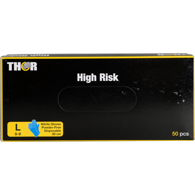 A black box labeled "Thor High Risk Nitrile Gloves, Blue, 30 cm" from Abena Re-Seller GmbH contains 50 large (8-9) blue, powder-free disposable nitrile gloves for chemical protection, with a glove symbol and yellow information on the front.