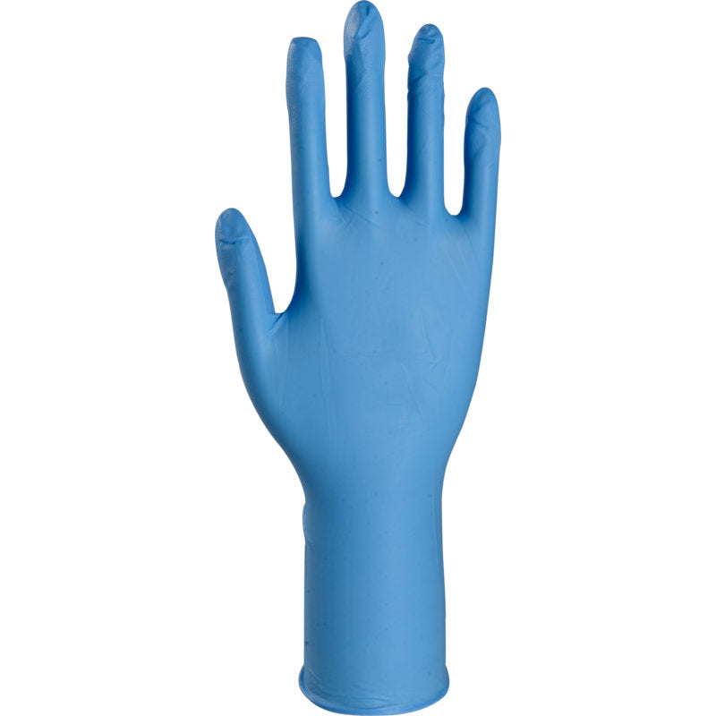 A single Thor High Risk Nitrile Glove, Blue, 30 cm from Abena Re-Seller GmbH is depicted upright with outstretched fingers and a slightly spread thumb on a white background.