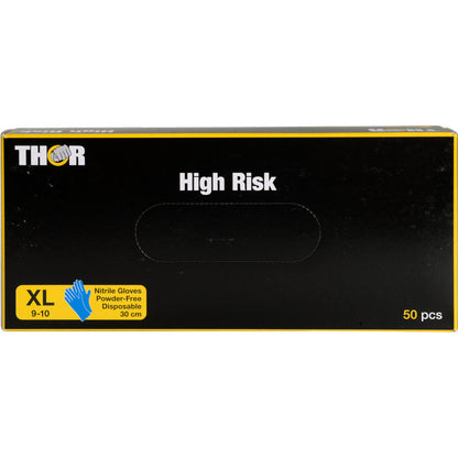 A black box labeled "Thor High Risk Nitrile Gloves, Blue, 30 cm" from Abena Re-Seller GmbH contains 50 powder-free disposable gloves in size XL (9-10), providing reliable chemical protection.