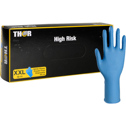 A box from Abena Re-Seller GmbH labeled "Thor High Risk Nitrile Gloves, Blue, 30 cm" is depicted with an upright blue XXL nitrile glove. The one-time, powder-free gloves offer chemical protection and are 30 cm long.