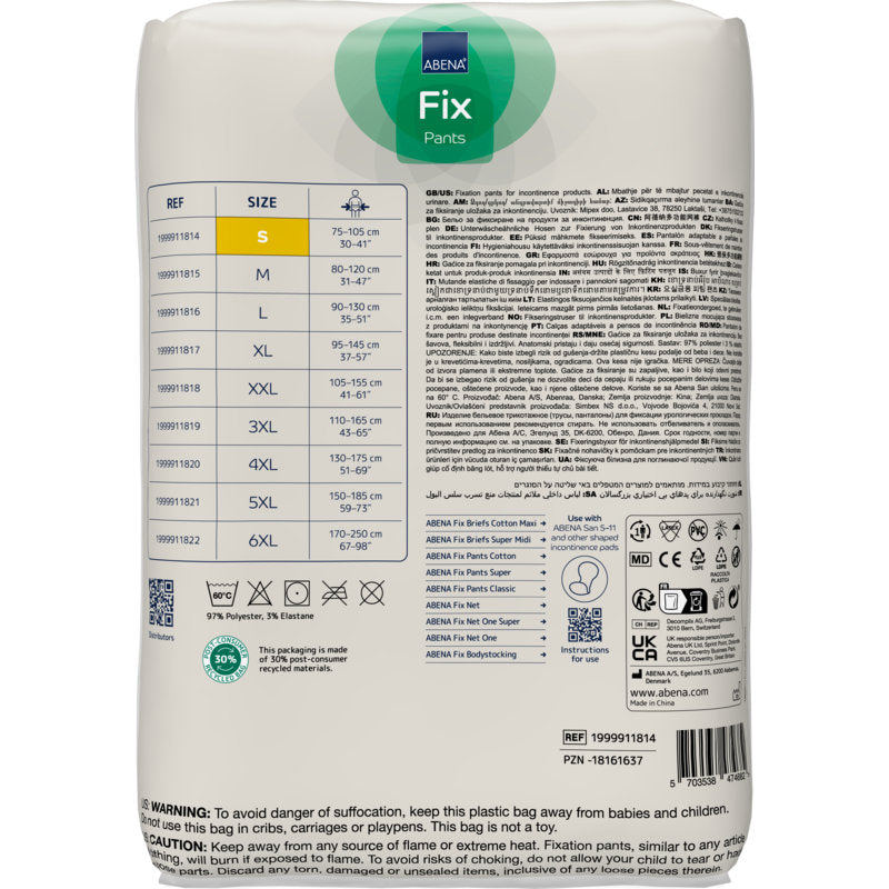 Rear view of a predominantly white packaging with blue and yellow accents for Abena Re-Seller GmbH Fixation Pants ABENA Fix, Pants, Super, with size chart, product information, care instructions, certifications, barcodes, and multilingual safety notices.