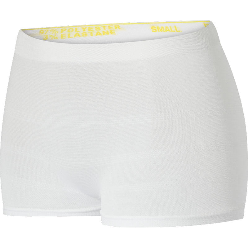 A pair of seamless white fixation pants ABENA Fix, Pants, Super from Abena Re-Seller GmbH with a yellow waistband label indicating the size "SMALL" and the material composition "97% Polyester, 3% Elastane".