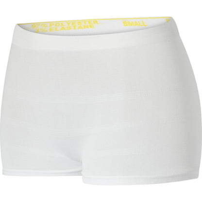 A pair of seamless white fixation pants ABENA Fix, Pants, Super from Abena Re-Seller GmbH with a yellow waistband label indicating the size "SMALL" and the material composition "97% Polyester, 3% Elastane".