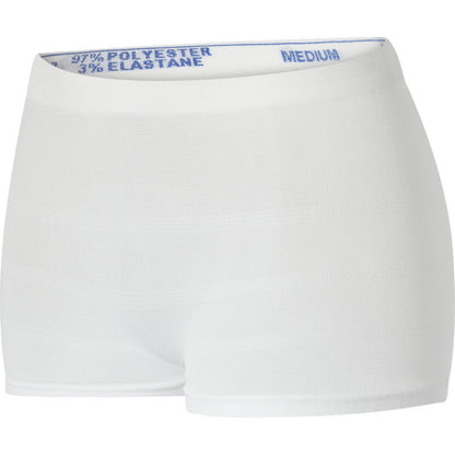 The Fixation Pants ABENA Fix, Pants, Super from Abena Re-Seller GmbH are white, seamlessly knitted shorts (97% polyester, 3% elastane) in medium size, with a stretchy waistband and on a white background.
