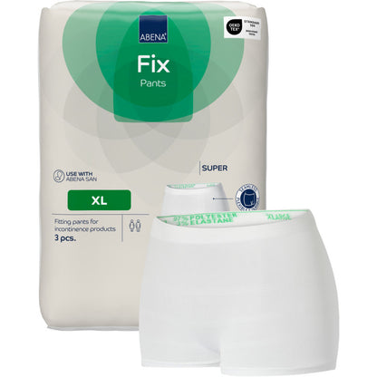A package of Abena Re-Seller GmbH Fixation Pants ABENA Fix Pants Super is depicted next to a white mesh fixation pant. The packaging contains 3 pieces and is labeled both "Super" and "Standard".