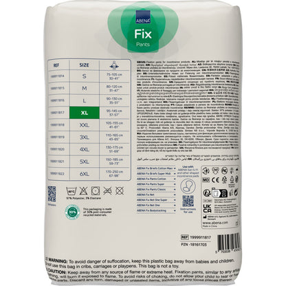 A package of Fixation Pants ABENA Fix, Pants, Super from Abena Re-Seller GmbH in XL. The white packaging with green and blue accents shows on the back a size chart, product info, symbols, and warnings.