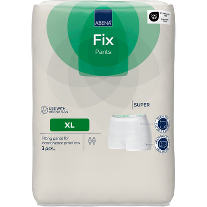 A package of Abena Re-Seller GmbH Fixation Pants ABENA Fix Pants, Super (size XL, 3 pieces) comes in white with green accents, with a product image, unisex symbols, and labels for size XL and incontinence compatibility.