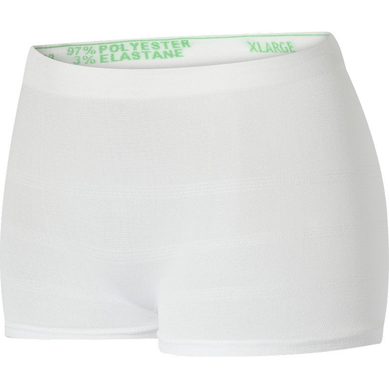 The fixation pants ABENA Fix, Pants, Super from Abena Re-Seller GmbH are extra large, white seamless disposable underwear made of 97% Polyester and 3% Elastane, with green text in the waistband.