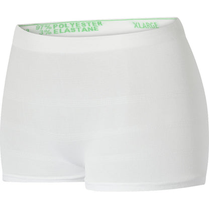 The fixation pants ABENA Fix, Pants, Super from Abena Re-Seller GmbH are extra large, white seamless disposable underwear made of 97% Polyester and 3% Elastane, with green text in the waistband.