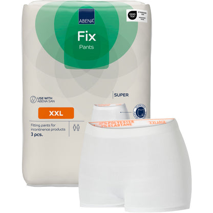 A package of Abena Re-Seller GmbH Fixation Pants ABENA Fix Pants Super, size XXL, for incontinence (3 pieces) is shown next to a pair of white mesh-like underwear.