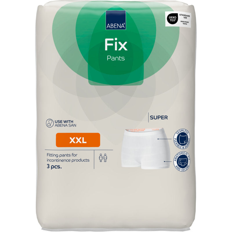 A package of Fixation Pants ABENA Fix, Pants, Super from Abena Re-Seller GmbH, size XXL with 3 pieces in a white-green packaging with product info, certification logos, and a pants image on the front.