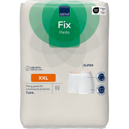 A package of Fixation Pants ABENA Fix, Pants, Super from Abena Re-Seller GmbH, size XXL with 3 pieces in a white-green packaging with product info, certification logos, and a pants image on the front.
