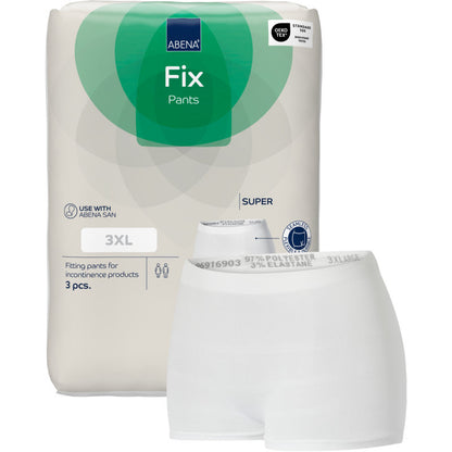 Depicted is a 3-pack of "Fixation Pants ABENA Fix, Pants, Super" from Abena Re-Seller GmbH in size 3XL with white disposable mesh pants for incontinence. The packaging is in gray and green.