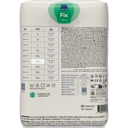 Rear view of the ABENA Fixation Pants ABENA Fix Pants Super packaging from Abena Re-Seller GmbH, with size chart, reference numbers, washing symbols, product details, certifications, and multilingual warnings. The packaging is white with green and blue accents.