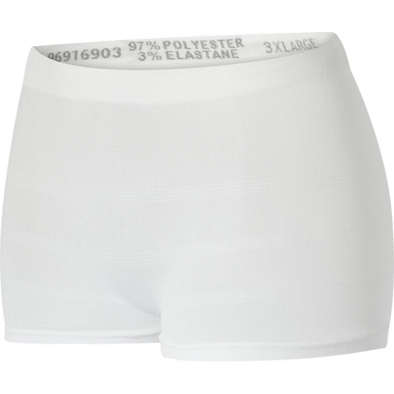 A pair of plain white, seamless ABENA Fix Pants Super from Abena Re-Seller GmbH with a wide waistband, labeled with 97% Polyester, 3% Elastane, size 3XLarge.
