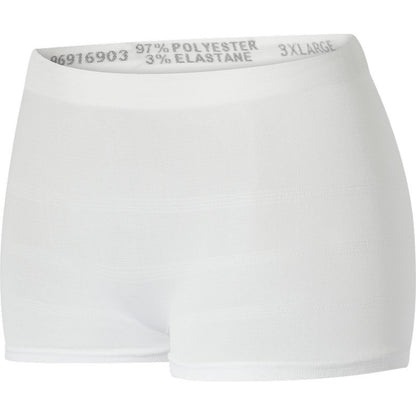 A pair of plain white, seamless ABENA Fix Pants Super from Abena Re-Seller GmbH with a wide waistband, labeled with 97% Polyester, 3% Elastane, size 3XLarge.