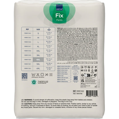 The back of the Fixation Pants ABENA Fix, Pants, Super from Abena Re-Seller GmbH shows a size chart, product codes, certifications, usage instructions, warnings, and manufacturer information in black on white lettering.