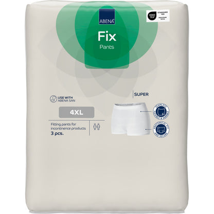 Package of Abena Re-Seller GmbH Fixation Pants ABENA Fix Pants Super, size 4XL, 3-pack. Beige packaging with green and blue accents, product image, and function symbols.