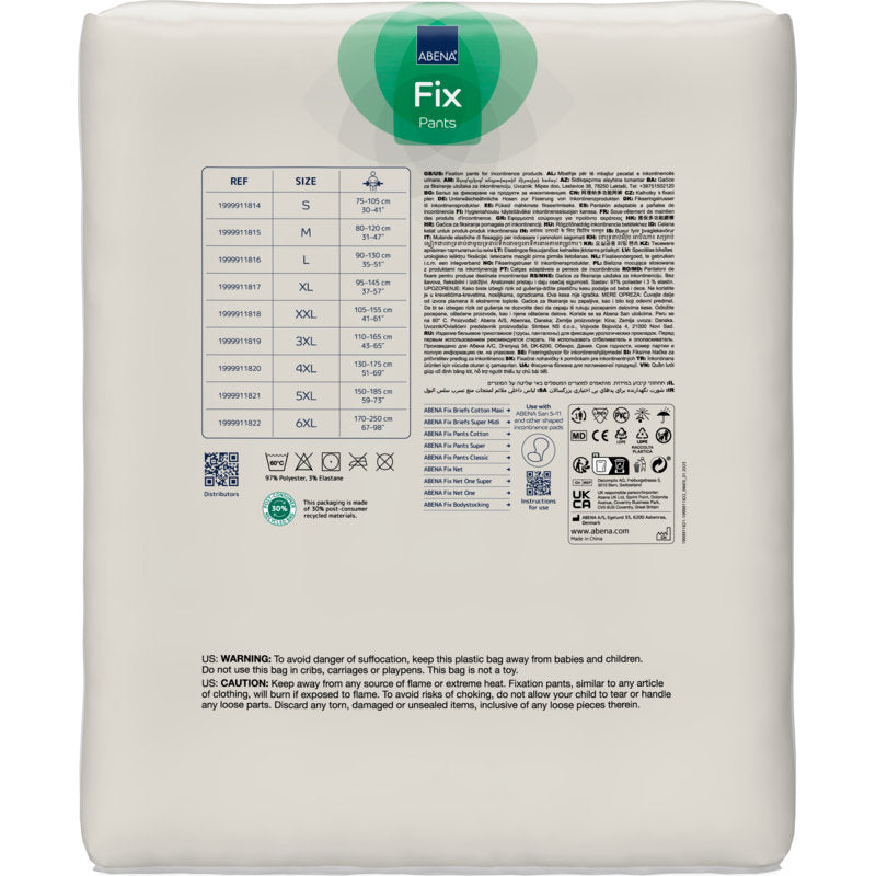 On the mostly white packaging of the Fixation Pants ABENA Fix, Pants, Super from Abena Re-Seller GmbH are printed on the back a size chart, product numbers, care instructions, warnings, and certification symbols in green and blue.