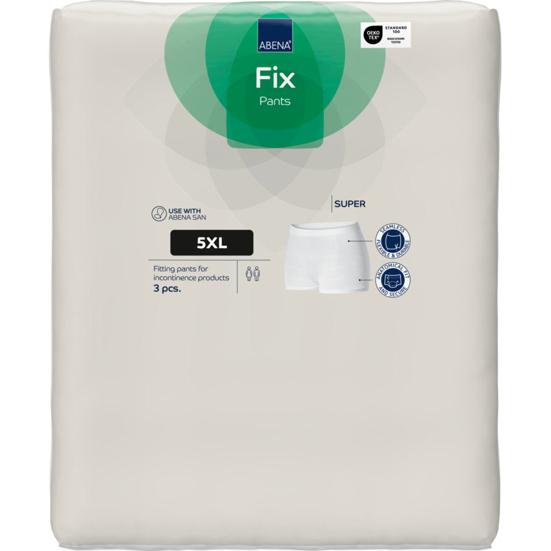 A 3-pack of Abena Re-Seller GmbH Fixation Pants ABENA Fix Pants Super, size 5XL, in white packaging with green and blue accents with product images and symbols for use with incontinence products.