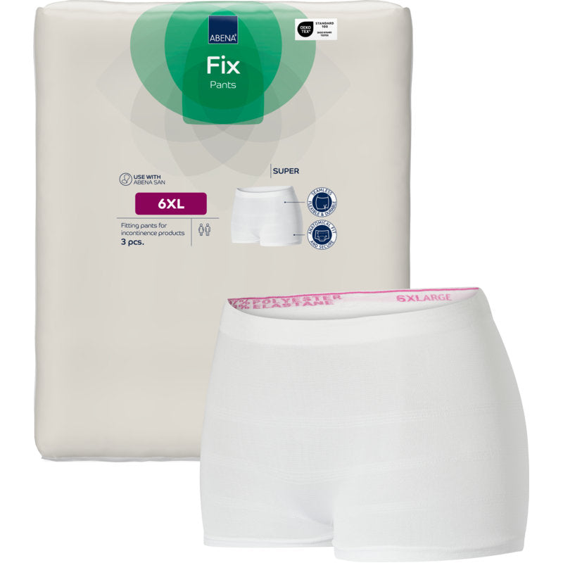 A package of Fixation Pants ABENA Fix, Pants, Super from Abena Re-Seller GmbH is shown next to a white incontinence mesh pant with the label "6X LARGE" on the waistband. The 3-piece package displays product details.