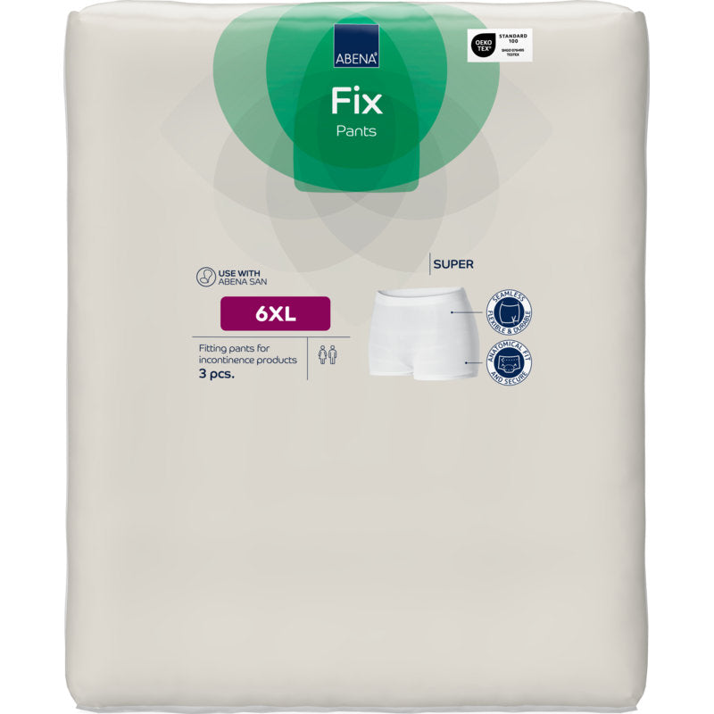 A white package of Abena Re-Seller GmbH Fixation Pants ABENA Fix Pants, Super, size 6XL (3 pieces), shows product info, a pants diagram, and a usage recommendation for incontinence products.