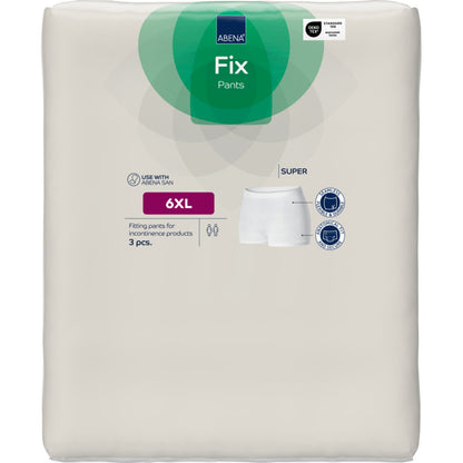A white package of Abena Re-Seller GmbH Fixation Pants ABENA Fix Pants, Super, size 6XL (3 pieces), shows product info, a pants diagram, and a usage recommendation for incontinence products.