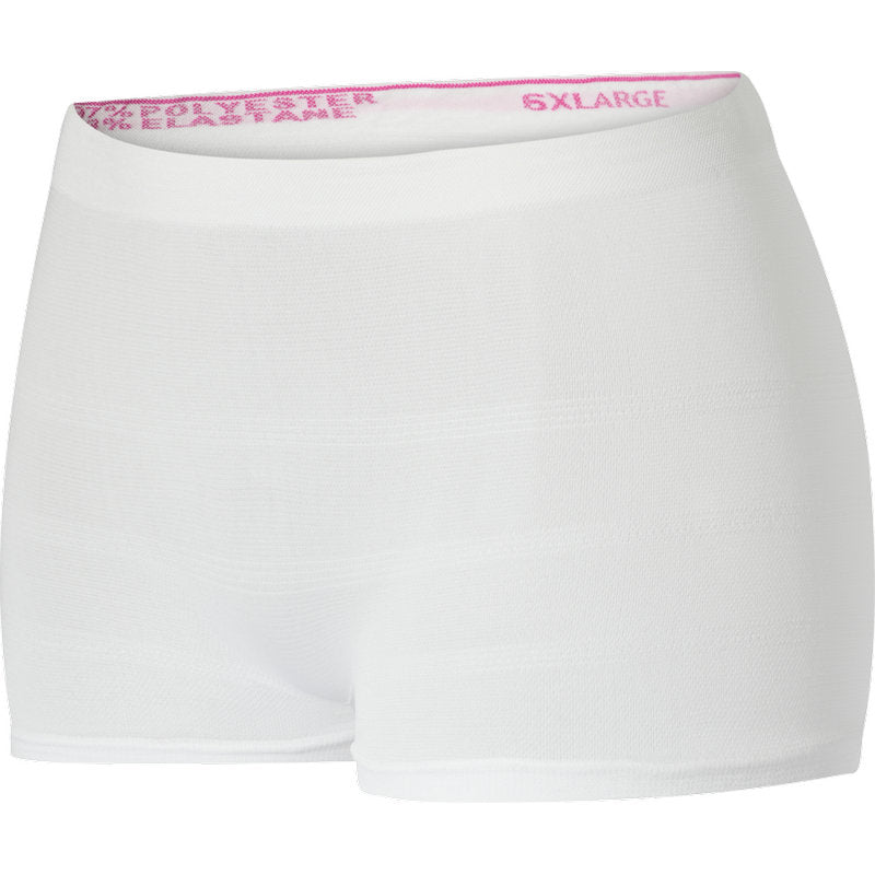 The Fixation Pants ABENA Fix Pants Super from Abena Re-Seller GmbH are white, high-waisted disposable underwear with a pink "XLARGE" waistband made of stretchy, seamless material.