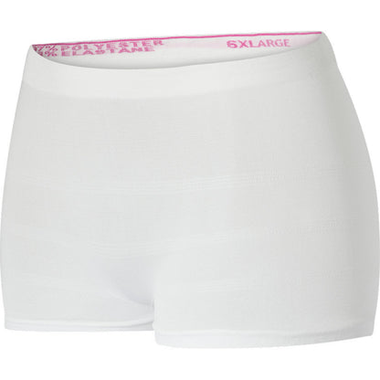 The Fixation Pants ABENA Fix Pants Super from Abena Re-Seller GmbH are white, high-waisted disposable underwear with a pink "XLARGE" waistband made of stretchy, seamless material.