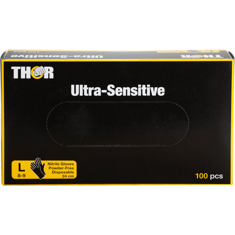 Eine schwarze Schachtel der Abena Re-Seller GmbH mit der Aufschrift "Thor Ultra Sensitive, Nitril-Handschuh, Schwarz" enthält 100 große (8-9), puderfreie, schwarze Einmalhandschuhe aus Nitril, jeweils 24 cm lang.