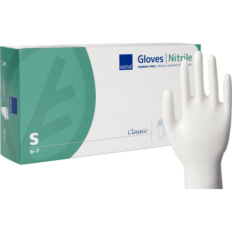 A white-green box from Abena Re-Seller GmbH with nitrile gloves Classic, powder-free and white (Size S), stands next to an upright hand with a matching disposable glove.