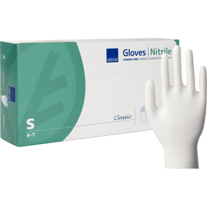 A white-green box from Abena Re-Seller GmbH with nitrile gloves Classic, powder-free and white (Size S), stands next to an upright hand with a matching disposable glove.