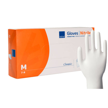 A pack of nitrile gloves, Classic, Powder-Free, White from Abena Re-Seller GmbH in Size M (7-8) is presented next to the orange-white packaging by a white hand model.