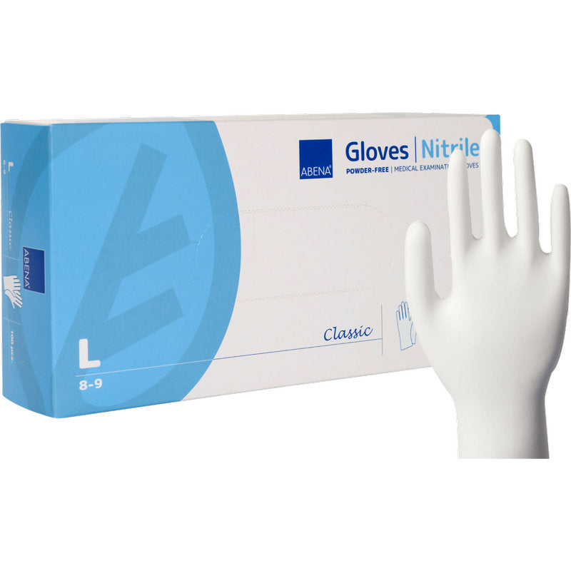 A box of Abena Re-Seller GmbH Nitrile Gloves Classic, Powder-Free, White in Size Large 8-9 is depicted. Next to it stands a single white disposable glove upright. The packaging is white and blue.