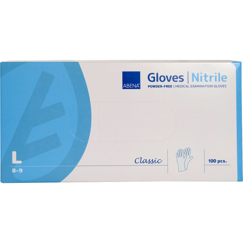 A box of Abena Re-Seller GmbH Nitrile Gloves Classic, powder-free, white, Size L (8-9), contains 100 medical disposable gloves. The blue-white packaging shows glove illustration and size information.