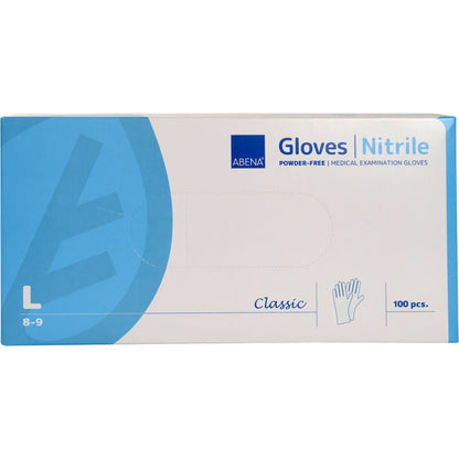 A box of Abena Re-Seller GmbH Nitrile Gloves Classic, powder-free, white, Size L (8-9), contains 100 medical disposable gloves. The blue-white packaging shows glove illustration and size information.
