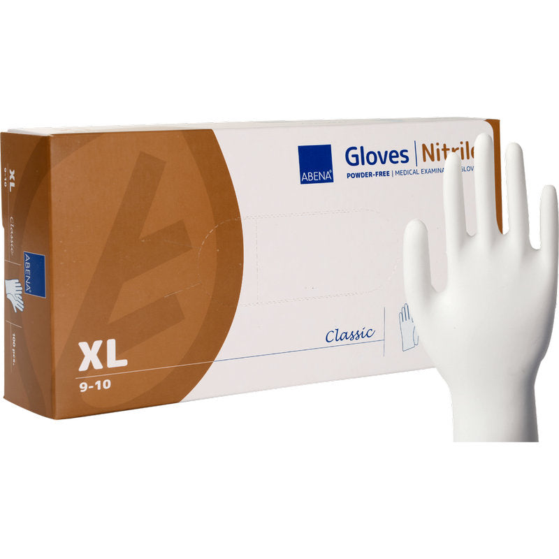 A box of Abena Re-Seller GmbH Nitrile Gloves, Classic, Powder-Free, White (XL, 9-10) is shown next to an upright hand with white gloves. The brown-white packaging with blue accents highlights these disposable gloves.