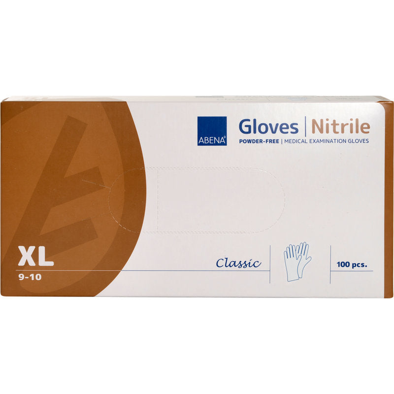 A box of Abena Re-Seller GmbH Nitrile Gloves, Classic, Powder-Free, White, Size XL (9-10). The simple white-brown box contains 100 medical disposable gloves with product information and a hand illustration.