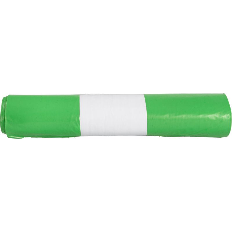 A rolled-up green trash bag for Sækkoboy 40 (40 my LDPE recycled) from Abena Re-Seller GmbH, with a wide white horizontal stripe, shown against a solid white background.