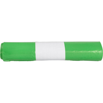 A rolled-up green trash bag for Sækkoboy 40 (40 my LDPE recycled) from Abena Re-Seller GmbH, with a wide white horizontal stripe, shown against a solid white background.