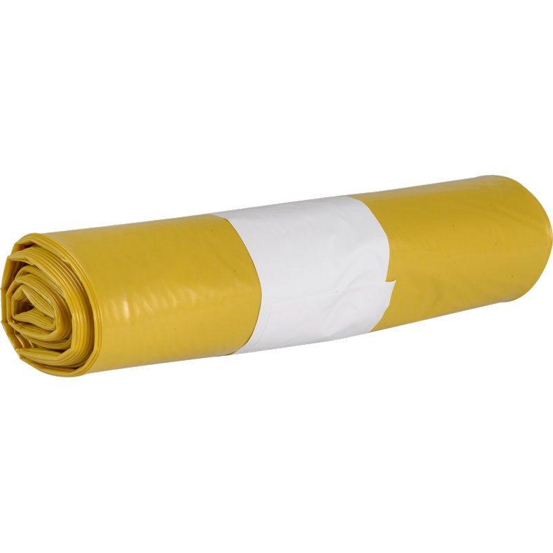A rolled-up trash bag for Sækkoboy 40 (40 my LDPE Recycled) from Abena Re-Seller GmbH, wrapped with a white paper band and set against a plain white background.