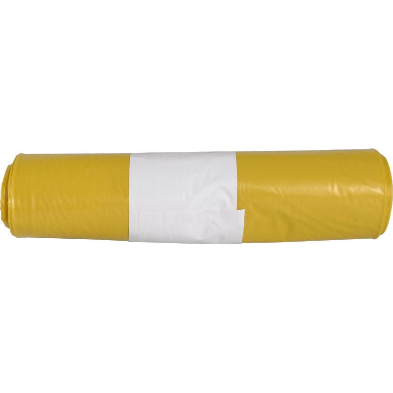A roll of trash bags for Sækkoboy 40 (40 my LDPE Recycled) from Abena Re-Seller GmbH, yellow with a white rectangular label in the middle, displayed against a plain white background.