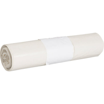 A rolled-up Abena Re-Seller GmbH trash bag for Sækkoboy 40 (40 my LDPE recycled), wrapped with a simple white paper band and placed on a white background.