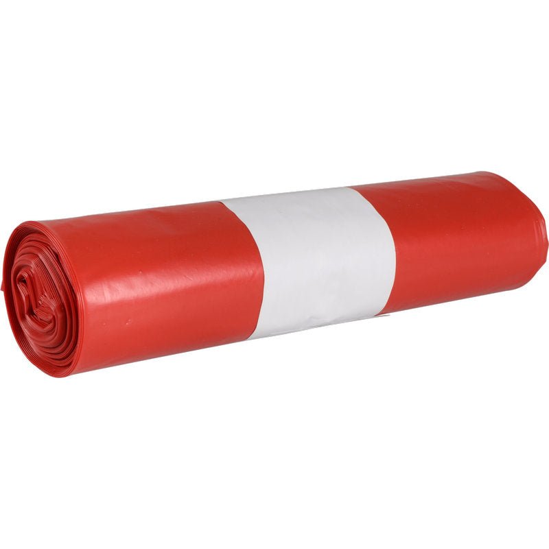 A rolled bundle of red trash bags for Sækkoboy 40 (40 my LDPE Recycled) from Abena Re-Seller GmbH, secured with a white band and placed on a plain white background.