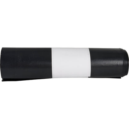 A rolled-up Abena Re-Seller GmbH trash bag for Sækkoboy 40, made from 40 my recycled LDPE, is presented horizontally on a plain white background with black ends and a wide white middle stripe.
