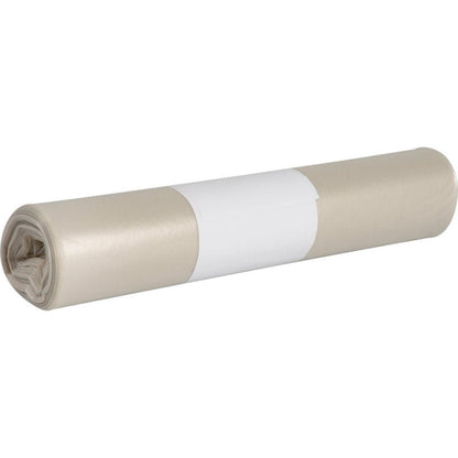 A rolled-up Abena Re-Seller GmbH trash bag for Sækkoboy 40, 40 my LDPE Recycled Bag, secured with a white paper band and placed on a white background.